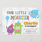 Geburtstagsparty niedlicher Kleiner Monster, jedes Einladung (Vorne/Hinten)