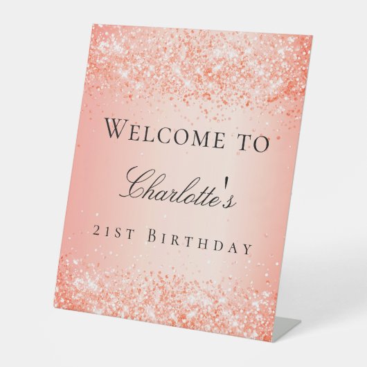 Geburtstagsparty Orange Glitzern Willkommensgruß Sockelschild (Vorderseite)