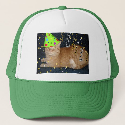 Geburtstagsparty Orange Tabby Cat Truckerkappe (Vorderseite)