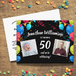 Geburtstagsparty per Post, 2 Foto, jedes Alter, Ba Postkarte<br><div class="desc">Feiern Sie einen Geburtstag mit der Post oder virtuell mit dieser lustigen Postkarte mit 2 Fotos, die von farbenfrohen Ballons und Set vor schwarzem Hintergrund gerahmt sind. Perfekt für jeden Altersgeburtstag, da Sie das Jahr leicht verändern können. Auf der Rückseite finden Sie Anleitungen, wo Sie Geburtstagskarten zum Feiern des großen...</div>