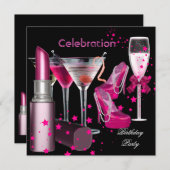 Geburtstagsparty Pink Champagne Drinks Einladung (Vorne/Hinten)
