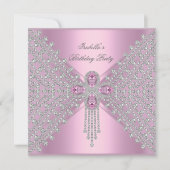 Geburtstagsparty Pink Silver White Diamond Einladung (Vorderseite)
