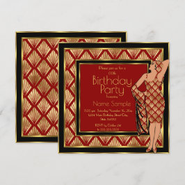 Geburtstagsparty Red Black Gold Art Deco 1930 Lady Einladung