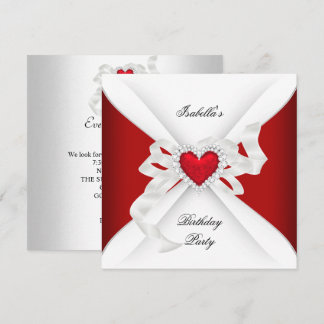 Geburtstagsparty Red Silver White Diamond Herz Einladung