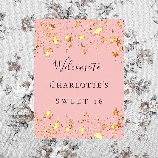 Geburtstagsparty Rosa goldene Sterne Willkommen Poster