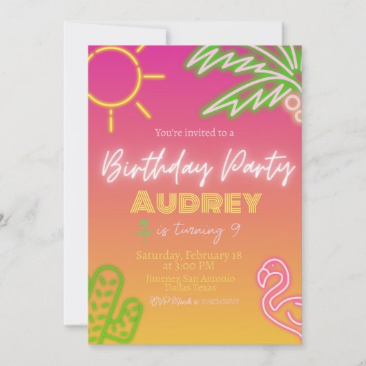 Geburtstagsparty - Rosa Neon Einladung (Vorderseite)