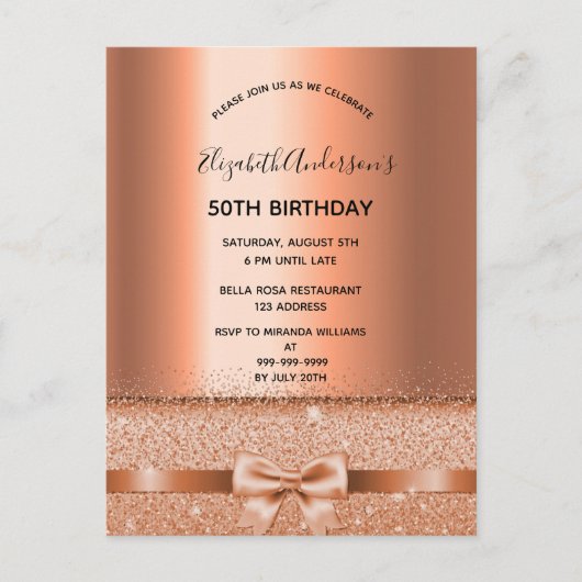 Geburtstagsparty Rose Gold Einladung Postkarte (Vorderseite)