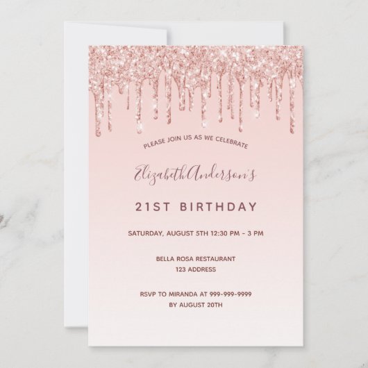 Geburtstagsparty Rose Goldbarren Rosa Tropfen Einladung (Vorderseite)
