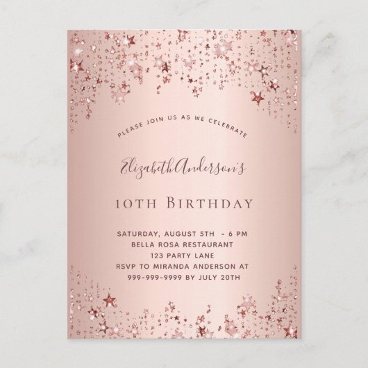 Geburtstagsparty Rose Goldstars streuen mädchenhaf Einladungspostkarte (Vorderseite)