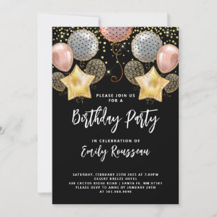 Geburtstagsparty Rose und Gold Balloons Confetti Einladung