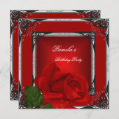 Geburtstagsparty Rote Rose Silver Black Einladung (Vorne/Hinten)