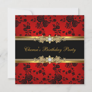 Geburtstagsparty Roter Damast Gold Schwarz Diamant Einladung