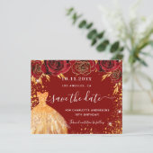 Geburtstagsparty Rotes Goldkleid Save the Date (Stehend Vorderseite)