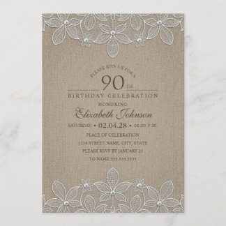 Geburtstagsparty Rustic Burlap Pearls und Lace Einladung