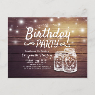 Geburtstagsparty Rustic Wood Mason Jar String Ligh Einladungspostkarte