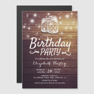 Geburtstagsparty Rustic Wood Mason Jar String Ligh Magneteinladung