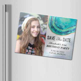 Geburtstagsparty Save the Date Aquamarin Gold Agat Magneteinladung