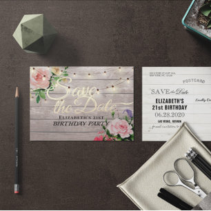 Geburtstagsparty Save the Date Blume Wood Lights Einladungspostkarte