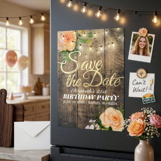 Geburtstagsparty Save the Date Blume Wood Lights Magneteinladung