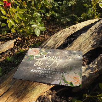 Geburtstagsparty Save the Date Blume Wood Lights Magneteinladung