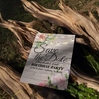 Geburtstagsparty Save the Date Blume Wood Lights Magneteinladung