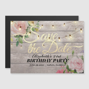 Geburtstagsparty Save the Date Blume Wood Lights Magneteinladung