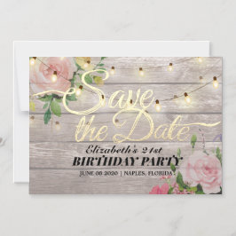 Geburtstagsparty Save the Date Blume Wood Lights Magneteinladung