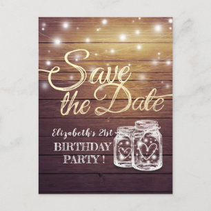Geburtstagsparty Save the Date Wood Mason Jar Ligh Einladungspostkarte
