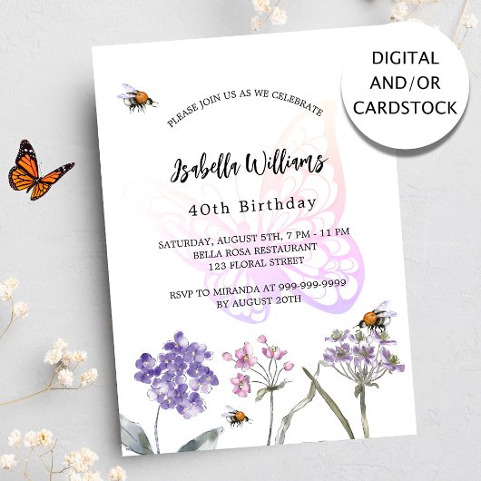 Geburtstagsparty Schmetterling violette Wildblumen Einladung