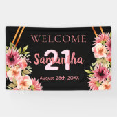 Geburtstagsparty Schwarz-Rosa-Flora Banner (Horizontal)