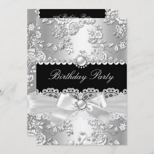 Geburtstagsparty Schwarz-weiß Damask Rose Silber 2 Einladung