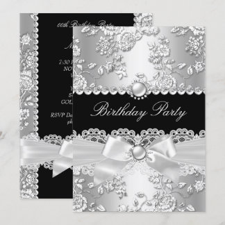Geburtstagsparty Schwarz-weiß Damask Rose Silber 2 Einladung