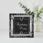Geburtstagsparty Schwarz-weiß Silber Einladung (Stehend Vorderseite)