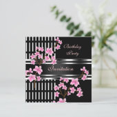 Geburtstagsparty Schwarz-weißes asiatisches Rosatm Einladung (Stehend Vorderseite)