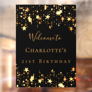 Geburtstagsparty schwarze goldene Sterne Willkomme Fensteraufkleber