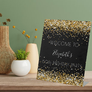 Geburtstagsparty Schwarzgold Glitzer Staub willkom Sockelschild