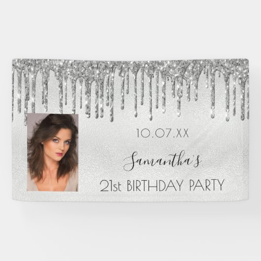 Geburtstagsparty Silber Foto Glitzer Monogramm Banner (Horizontal)
