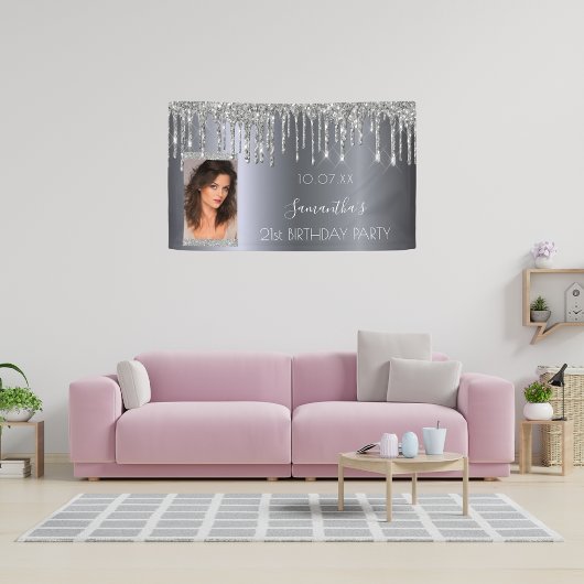 Geburtstagsparty Silber Foto Glitzer Name Banner