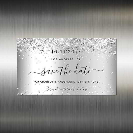 Geburtstagsparty Silber Glitzer Save the Date Magnetkarte