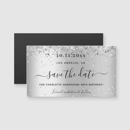Geburtstagsparty Silber Glitzer Save the Date Magnetkarte (Vorne/Hinten)