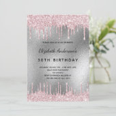 Geburtstagsparty Silber Glitzer Tropfen pink Einladung (Stehend Vorderseite)