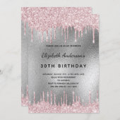 Geburtstagsparty Silber Glitzer Tropfen pink Einladung (Vorne/Hinten)