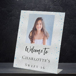 Geburtstagsparty Silberblauer Glitzer Foto Empfang Sockelschild