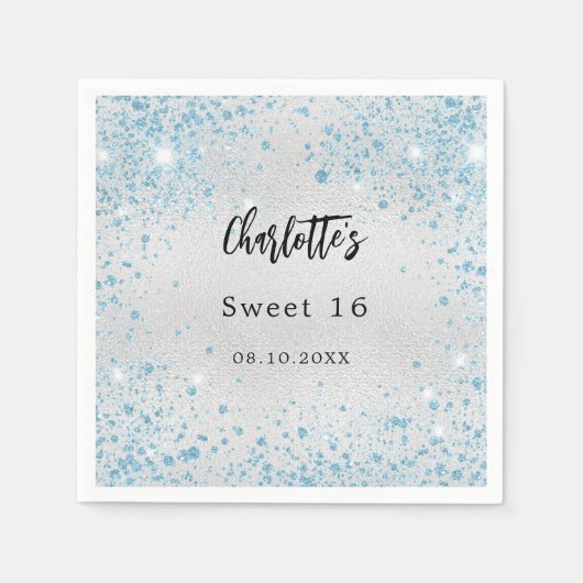 Geburtstagsparty Silberblauer Glitzer Serviette (Vorderseite)