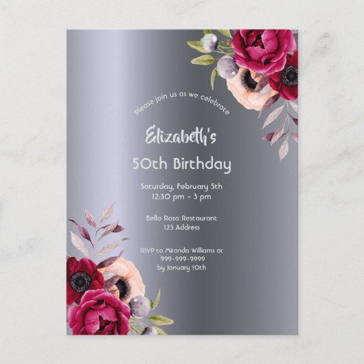 Geburtstagsparty Silberblumenburgund Postkarte (Vorderseite)