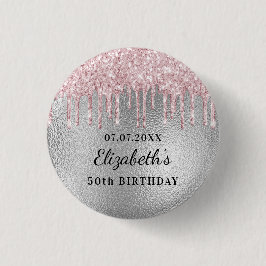 Geburtstagsparty Silberrosa Glitzer Tropfen Name Button