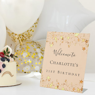 Geburtstagsparty Soft Peach Gold Stars willkommen Sockelschild