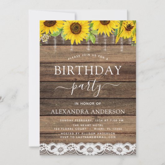 Geburtstagsparty Sonnenblume Rustikales Bauernhaus Einladung (Vorderseite)