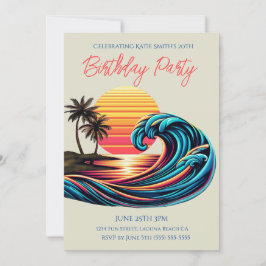 Geburtstagsparty-Sunset Retro Surf Wave Einladung