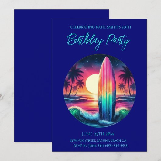 Geburtstagsparty-Surfboard-Escape Einladung (Vorne/Hinten)